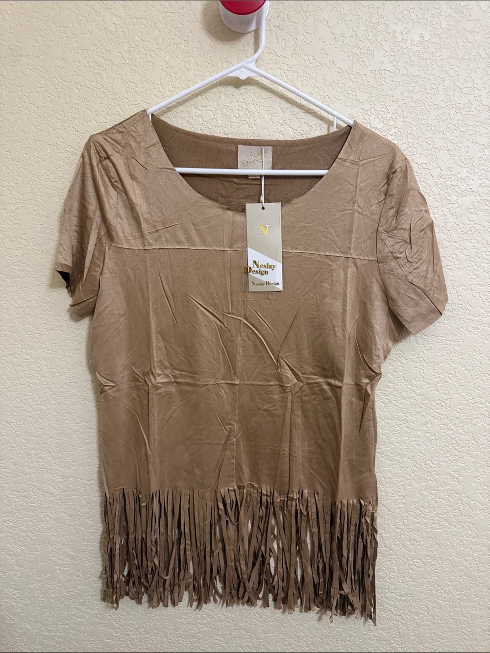 Neslay Design Tan Fringe Short Sleeve Top